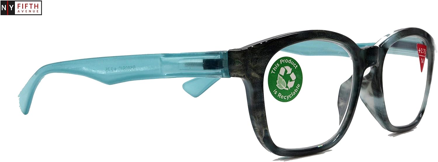 Coral, Premium Reading Glasses, High End Readers +1.25 to +3. Magnifying Glasses, Blue Rectangular Style. Optical Frame. NY Fifth Avenue.
