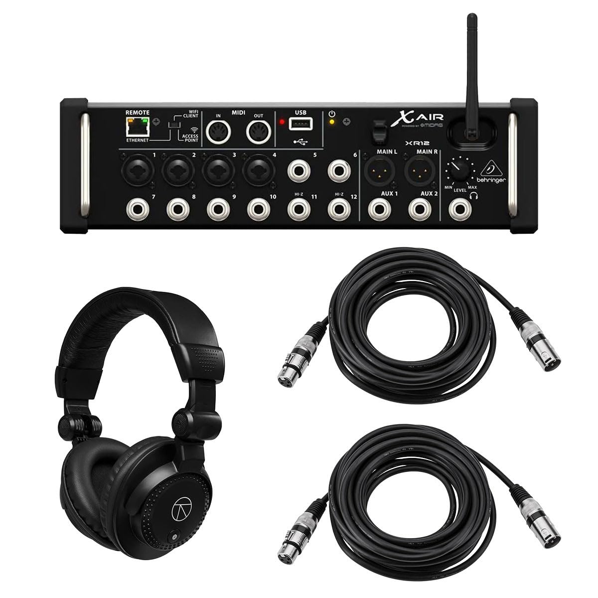 Behringer X Air XR12 12-In Digital Mixer with 4 Programmable MIDAS Preamps, Bundle with Turnstile Audio Headphones, 2x 25' XLR Microphone Cable