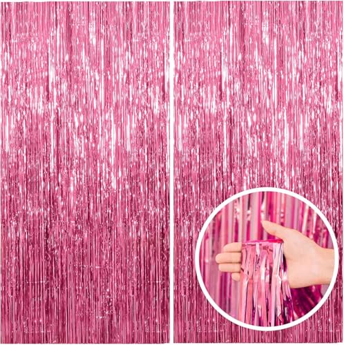 2 Pack Pink Backdrop Party Decorations Tinsel Curtain Party Backdrop Foil Fringe Birthday Decorations Photo Booth Streamer Backdrop Pink Theme Bachelorette Graduation Decor