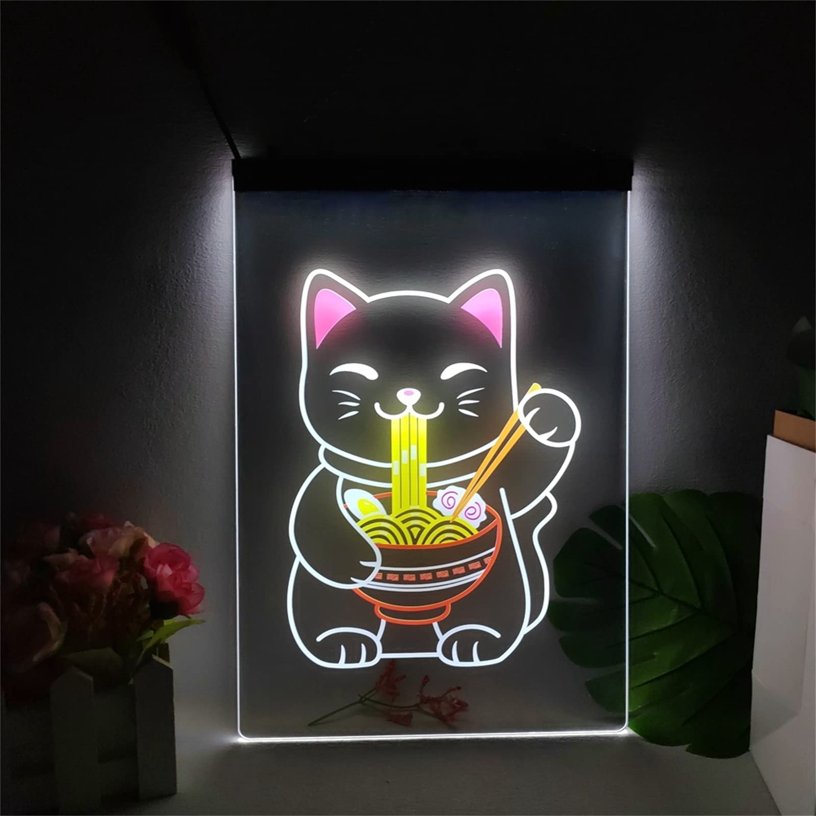 FINOTI Maneki Neko Neon Sign Fortune Lucky Cat Ramen Multicolour Luminous Sign with Neon Light Emitting Effect Home Decor Bedroom Wall Party Birthday Art Wall Decoration Night Light,B15.7"x11.8"