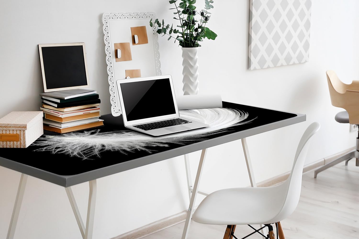 Sottomano da Scrivania 100x50 cm in Vinile PVC Protezione e Decorazione Facile da Pulire Superficie Protettiva per Ufficio e Casa Antiscivolo Impermeabile - piuma bianca