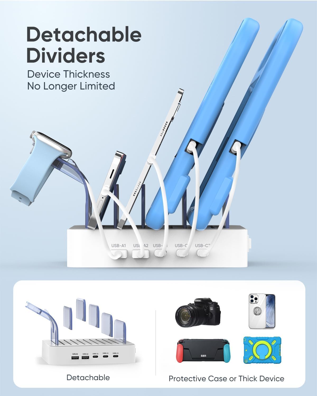 MSTJRY USB C Charging Station for Multiple Devices : 90W 5 Ports Multi Fast Charger for iPhone iPad Tablets Phone - Charging Dock Organizer with Adjustable Dividers for Home Office Classroom