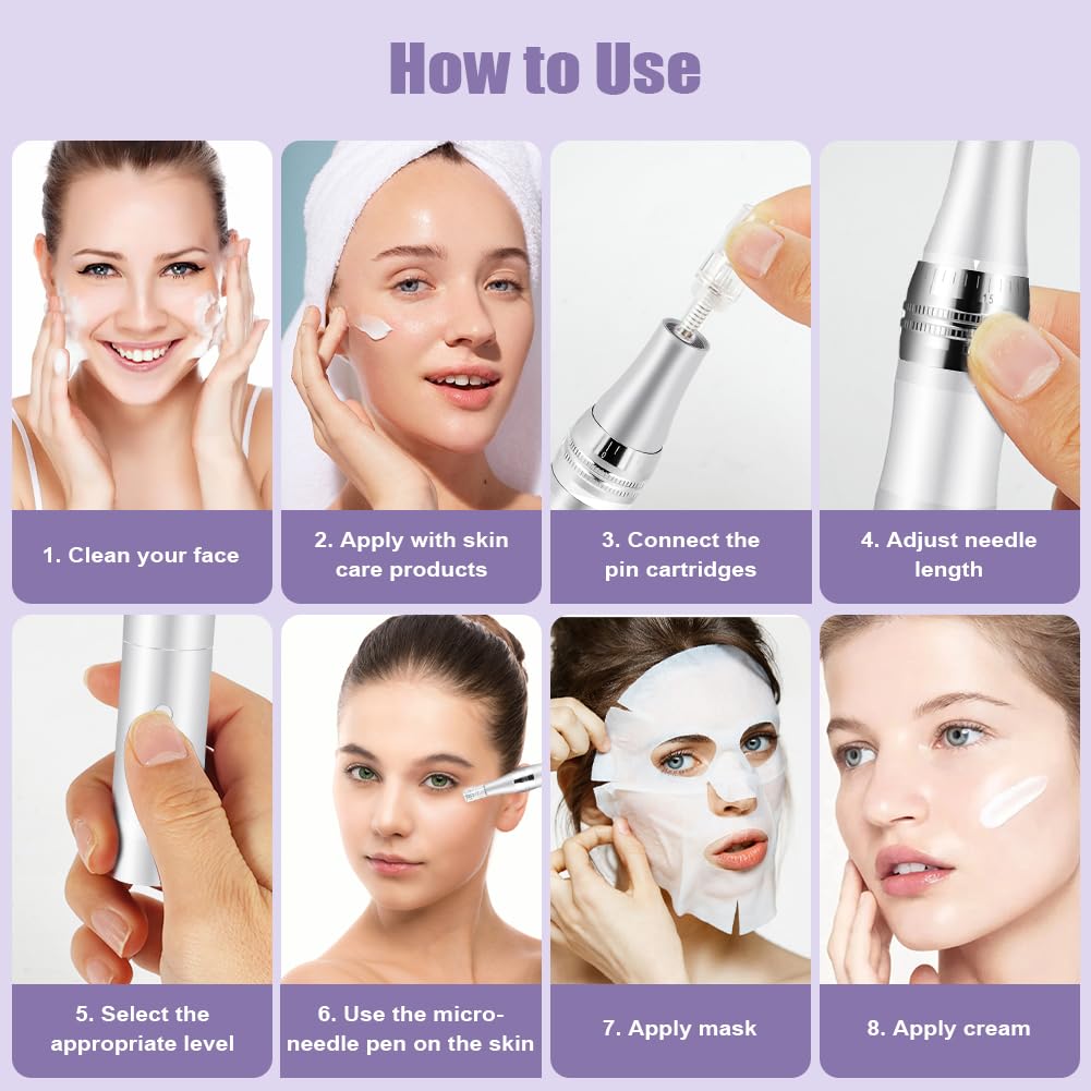 Vicloon Elettrico Dermapen Microneedling Professionale, Derma Penna con Schermo LCD e 6 Livelli incl. 12 pezzi Cartucce, Regolabile 0-2,5 mm (Argento)