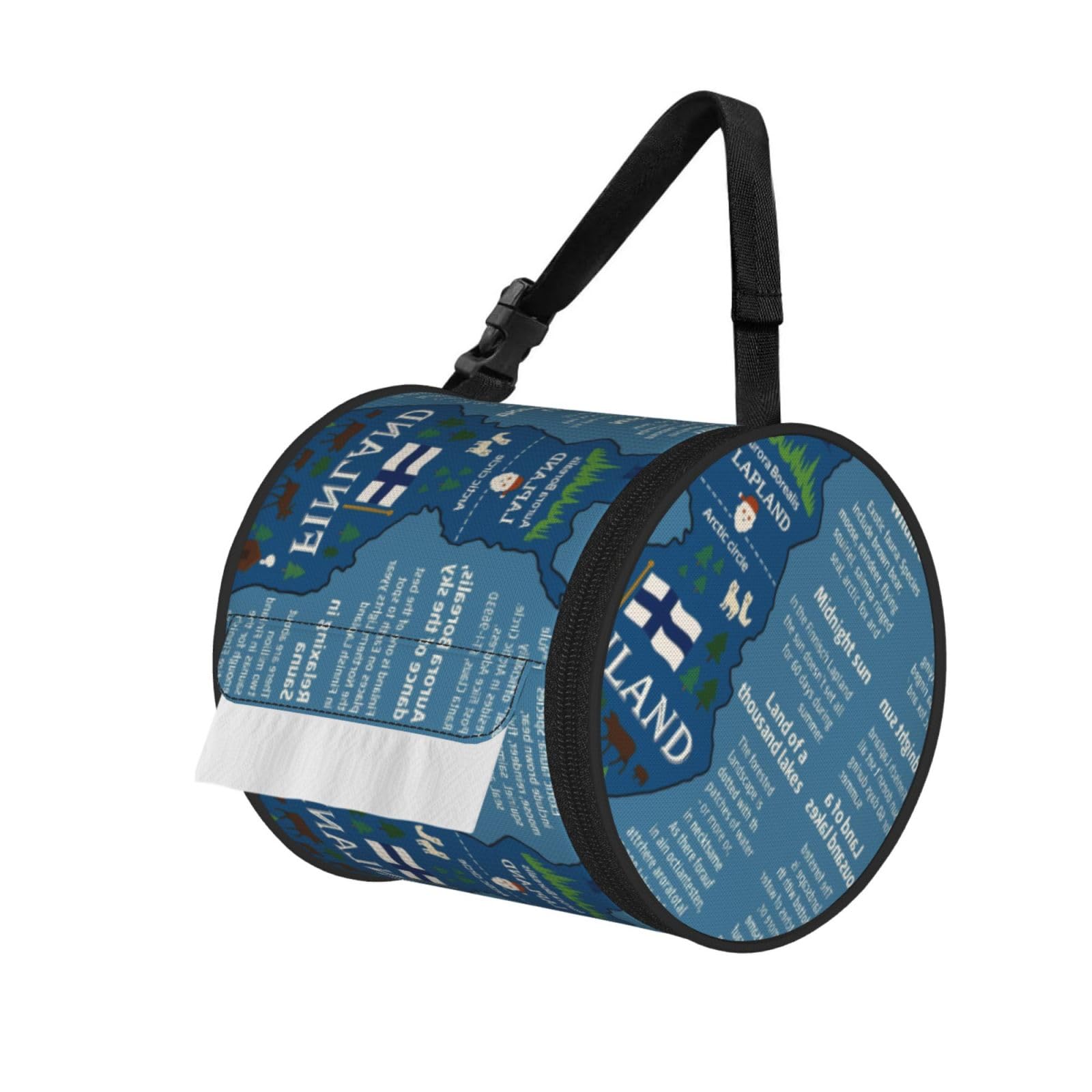 Finland Map With Various Feat Print Cylinder Bathroom Tissue Holder With Buckle Strap, Portable Paper Case For Road Trips