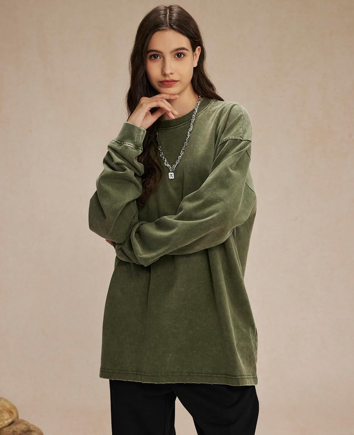 KEEPSHOWING Men's Oversized T Shirts Long Sleeve Shirts for Men Vintage Acid Wash Comfort Colors Crewneck Sweatshirt - Image 4