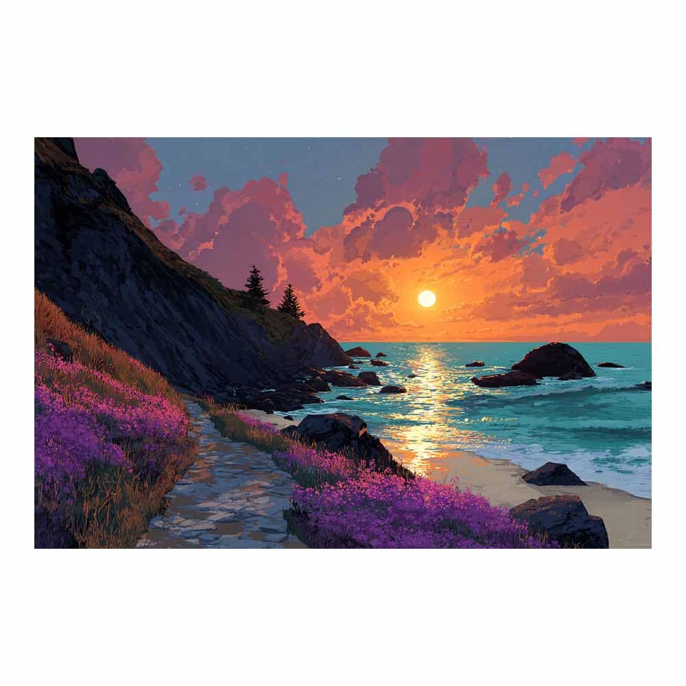 HOQIU Natural scenery wall art Coastsal Sunset Wildflowers decorative painting, wall art, for Living Room Bathroom Bedroom Kitchen Decoration.(Multicolor)-40x60cm Unframed