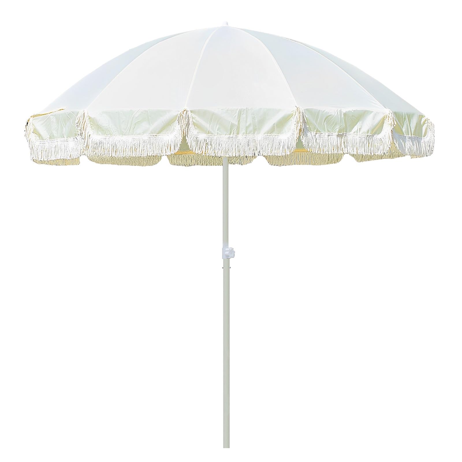 Sombrilla de patio blanca de 210 cm con flecos, paraguas bohemio impermeable para patio, 12 varillas, sombrilla de playa grande, protección UV, sombrilla de mercado, altura ajustable, bolsa de