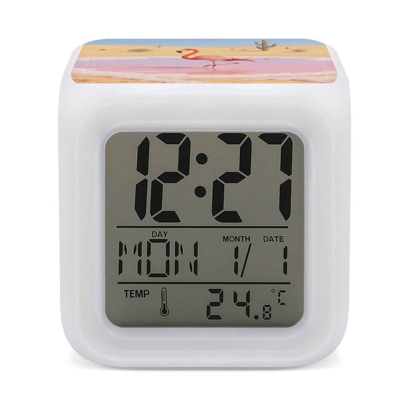 VstaDank Orange Flamingo in Salt Lake Alarm Clock with Date Temperature Large LED Display Number Clocks with 7 Colors Changing Desk Clock Battery Operated Digital Clocks with Date for Heavy Sleepers