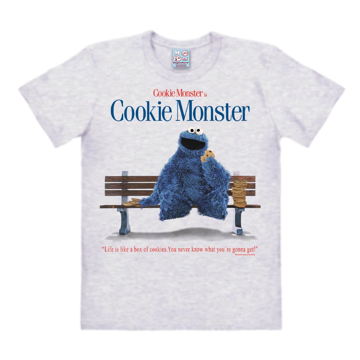 Logoshirt Unisex Heather Grey Logoshirt® Sesame Street I Cookie Monster I Bench I Life Is Like A Box Of Cookies I Print T-Shirt I Men & Women I Short Sleeve I Grey I Licensed Original Design I Size L