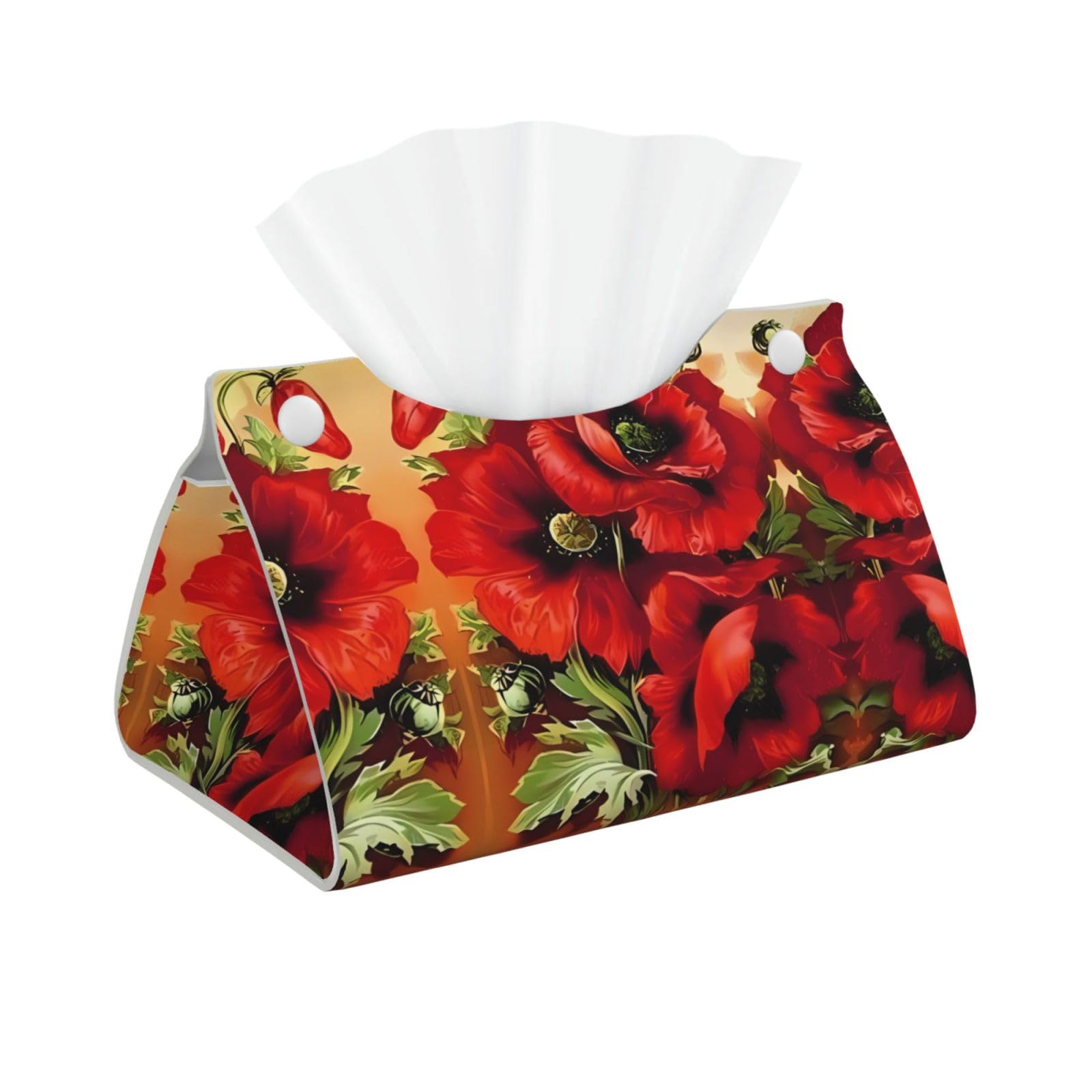 Beautiful Red Poppy Flower Print Long Tissue Box Cover Holder Foldable Leather Organizer for Vanity, Nightstand, Desk & Bathroom