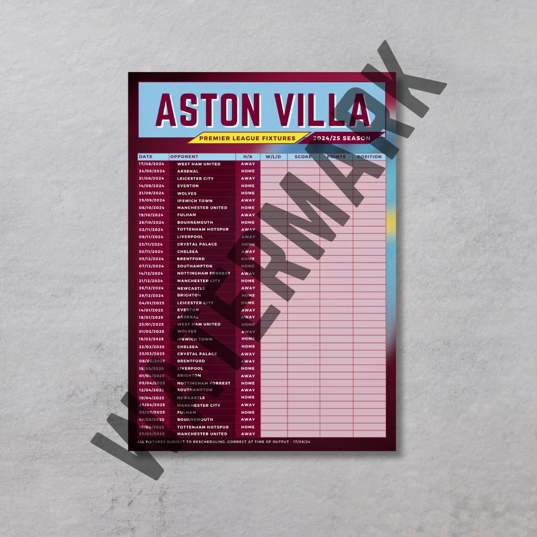 Football Fixture Poster, Wall chart, Football score chart, 2025/2026 (Aston Villa, A4)