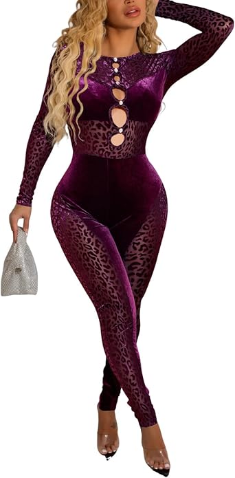 Uni Clau Women Sexy Mesh Patchwork Jumpsuit One Piece Hollow Out Outfits Long Sleeve Velvet Leopard Club Bodycon Jumpsuit