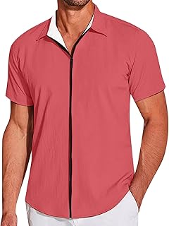 Camisa de trabajo para hombres Camisa de playa casual de verano de manga corta con cremallera para hombres, Camisa elástica arrugada con textura ligera T-Camisetas de colores