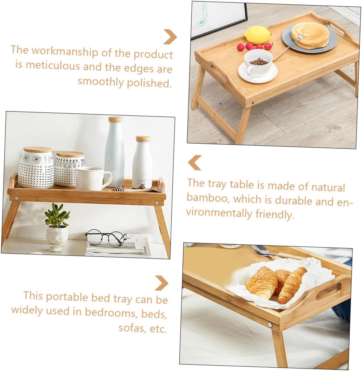 Multifunctional Folding Bed Tray Handles 21cm Height Adjustable Legs Bamboo Serving Tray for Eating and Working in Bed