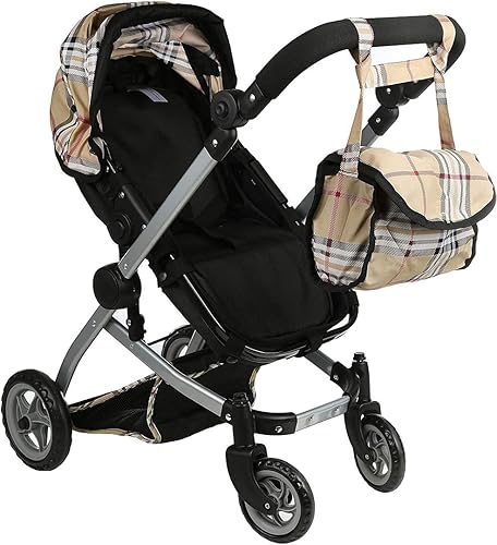 Miniatura 5 de Carrito para muñecas color beige, tela a cuadros con rueditas giratorias asa ajustable y bolsa independiente, 9651B