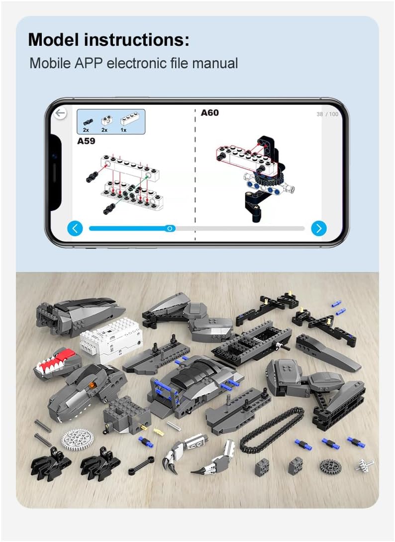 Aplikasi sélulér anu nampilkeun pitunjuk perakitan léngkah-léngkah pikeun CaDA T-Rex, kalayan rupa-rupa blok wangunan anu ditata.