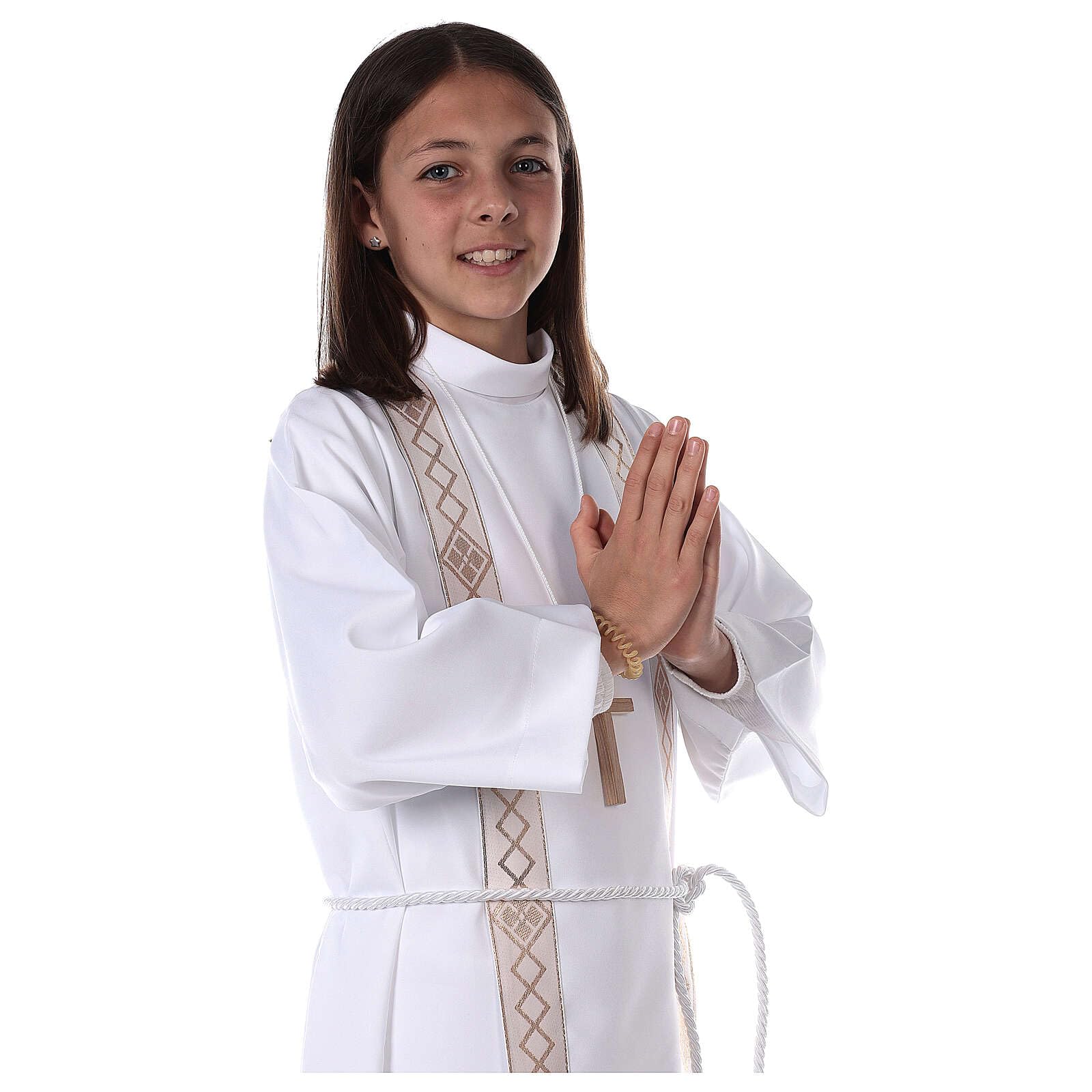 Holyart Stroje do Pierwszej Komunii: Alba komunijna unisex szkaplerz złote brzegi, 130 cm (51 inc.)