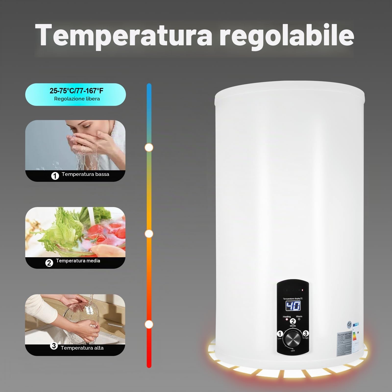 Scaldabagno Elettrico 35/50/60/70 Litri, Boiler Elettrico da Parete 2000W, Max. Temp 75°C, 220V, Verticale, Serbatoio in Acciaio Smaltato, Scaldacqua Elettrico Bagno e Doccia (70 Litri)