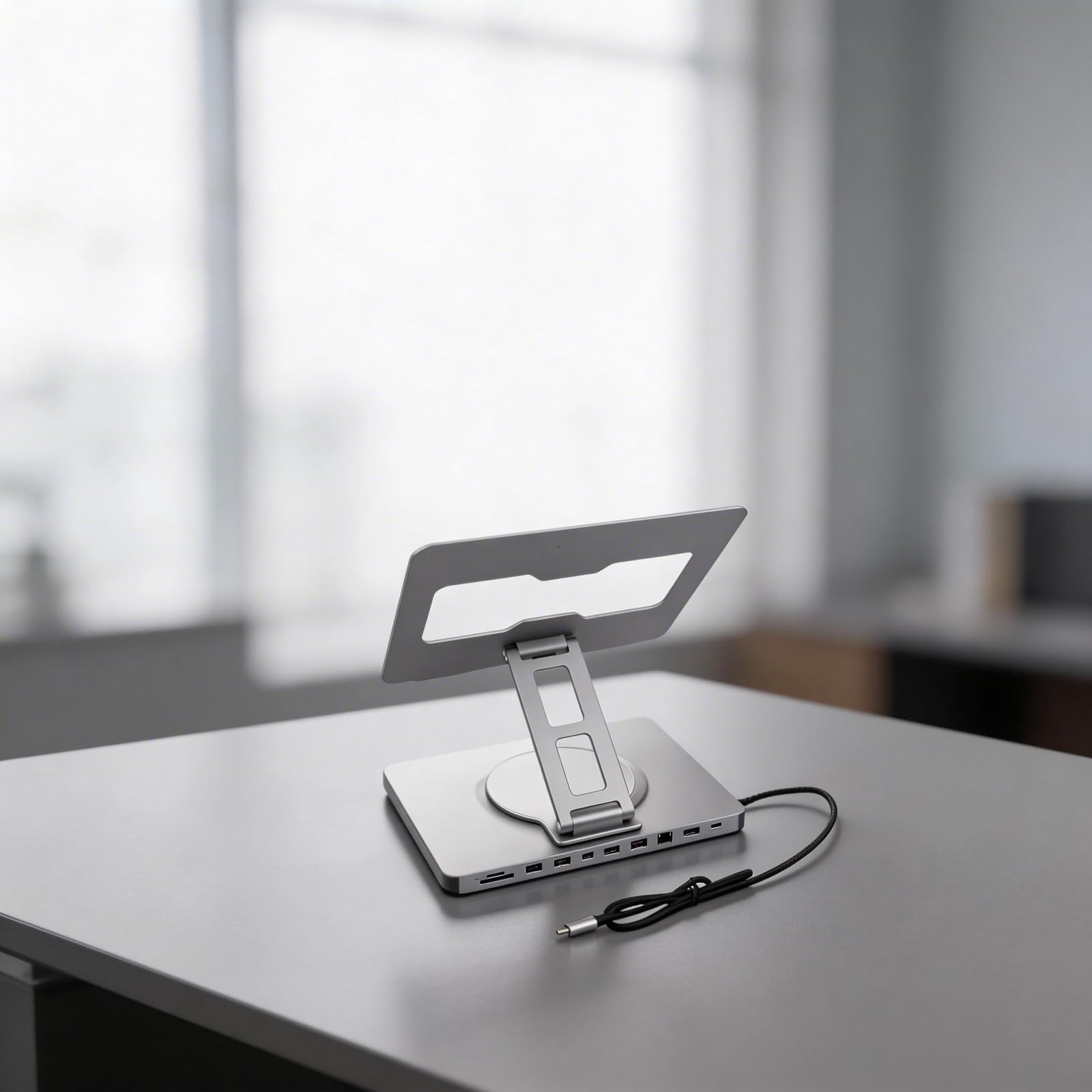 Stand per Notebook Ergonomico con Docking Station 4K, Supporto PC Portatile in Lega di Alluminio, Design Girevole e Ventilato per MacBook per dell per hp