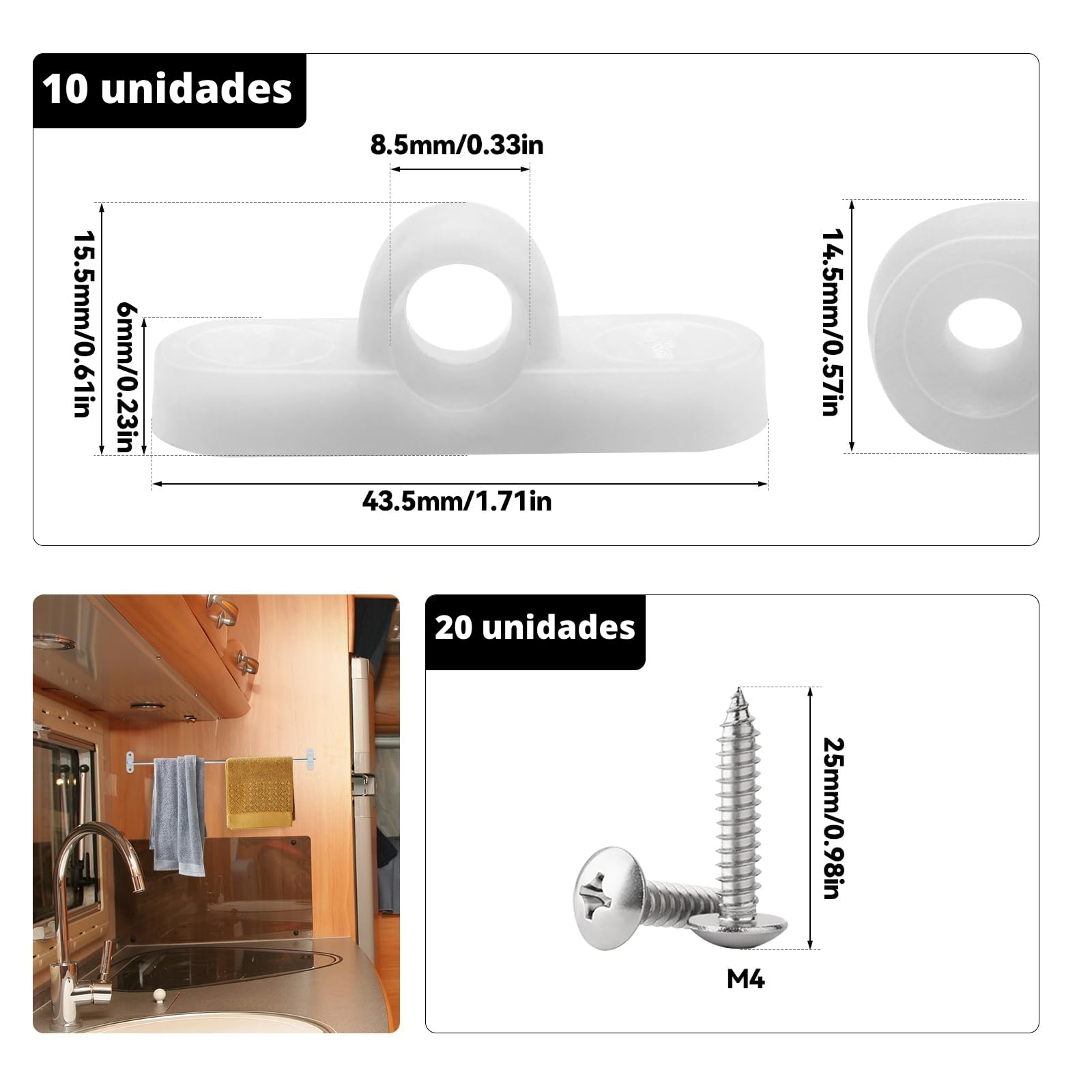 Juego de 10 Ojales para Toldos para Caravana y Caravana con 20 Tornillos, Instalación Vertical y Horizontal (Horizontal)