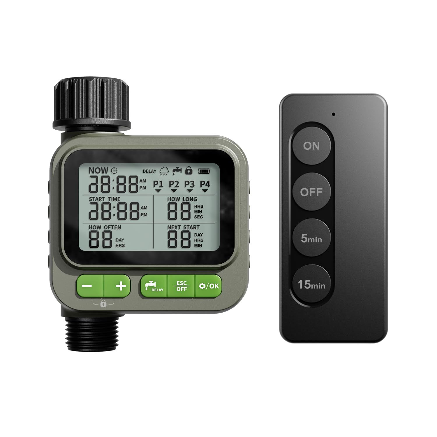 NexusLab - Temporizador de rociadores, 4 programas personalizables, riego por goteo, IP65, impermeable, modo manual de retardo automático de lluvia, bloqueo infantil, temporizador de agua para césped