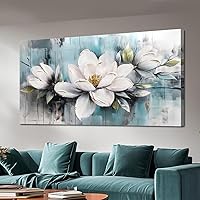 Ardemy Teal Magnolia White Floral Canvas Wall Art 40x20" Textured Ready-to-Hang Decor for Living Room Bedroom Office