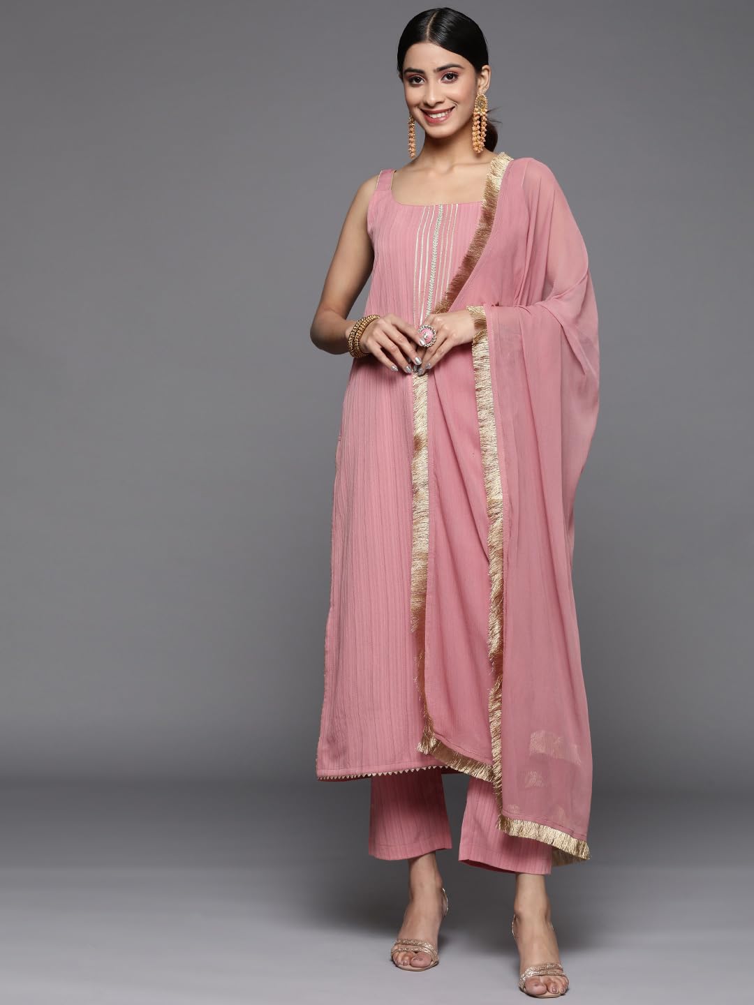 Varanga Women Mauve Straight Kurta With Tonal Bottom And Dupatta, Lace And Gotta Detailing On Yoke, Spaghetti Strap Design