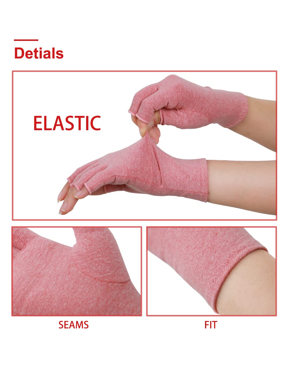 Donfri 1 Pair Arthritis Gloves Fingerless Compression Gloves for Women Men Relieve Symptoms Rheumatoid Osteoarthritis Raynauds Disease Breathable Comfortable Machine Washable (Pink - Image 3