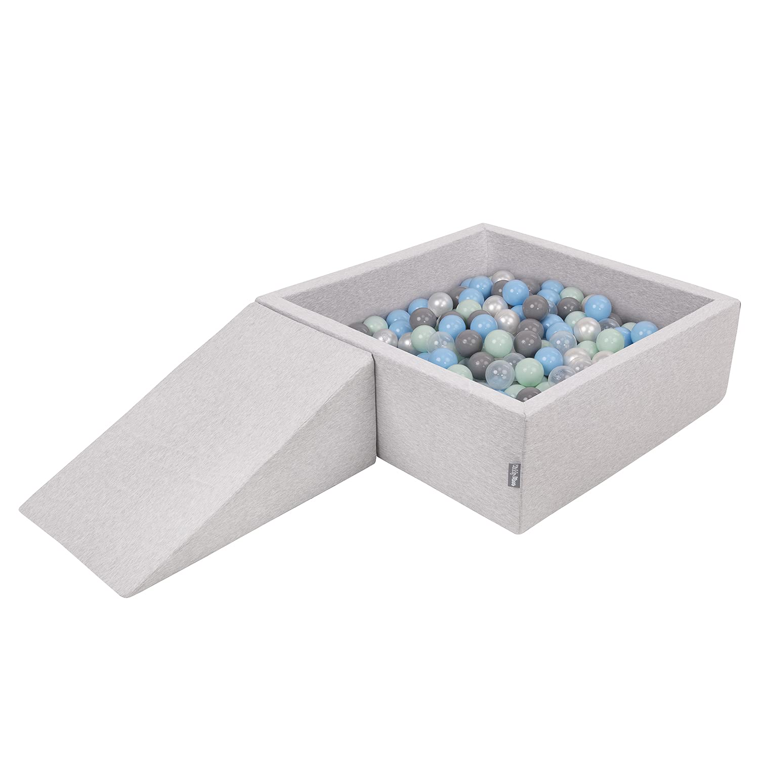 KiddyMoon Foam Playground For Kids With Square Ballpit (200 Balls ∅ 7Cm/2.75In) Soft Obstacles Course And Ball Pool, Made In The EU, Lightgrey:Pearl/Grey/Transparent/Babyblue/Mint