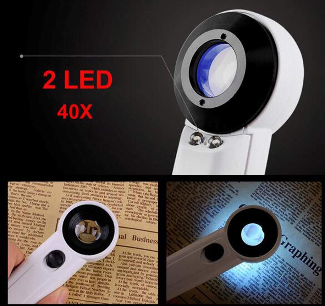 Vergrößerungsglas mit LED-Beleuchtung, 40-fache Vergrößerung, beleuchtete Handlupe mit 2 LED-Leuchten, Leselupe mit Doppellinse für Senioren zum Lesen von Münzen, Briefmarken, Kart