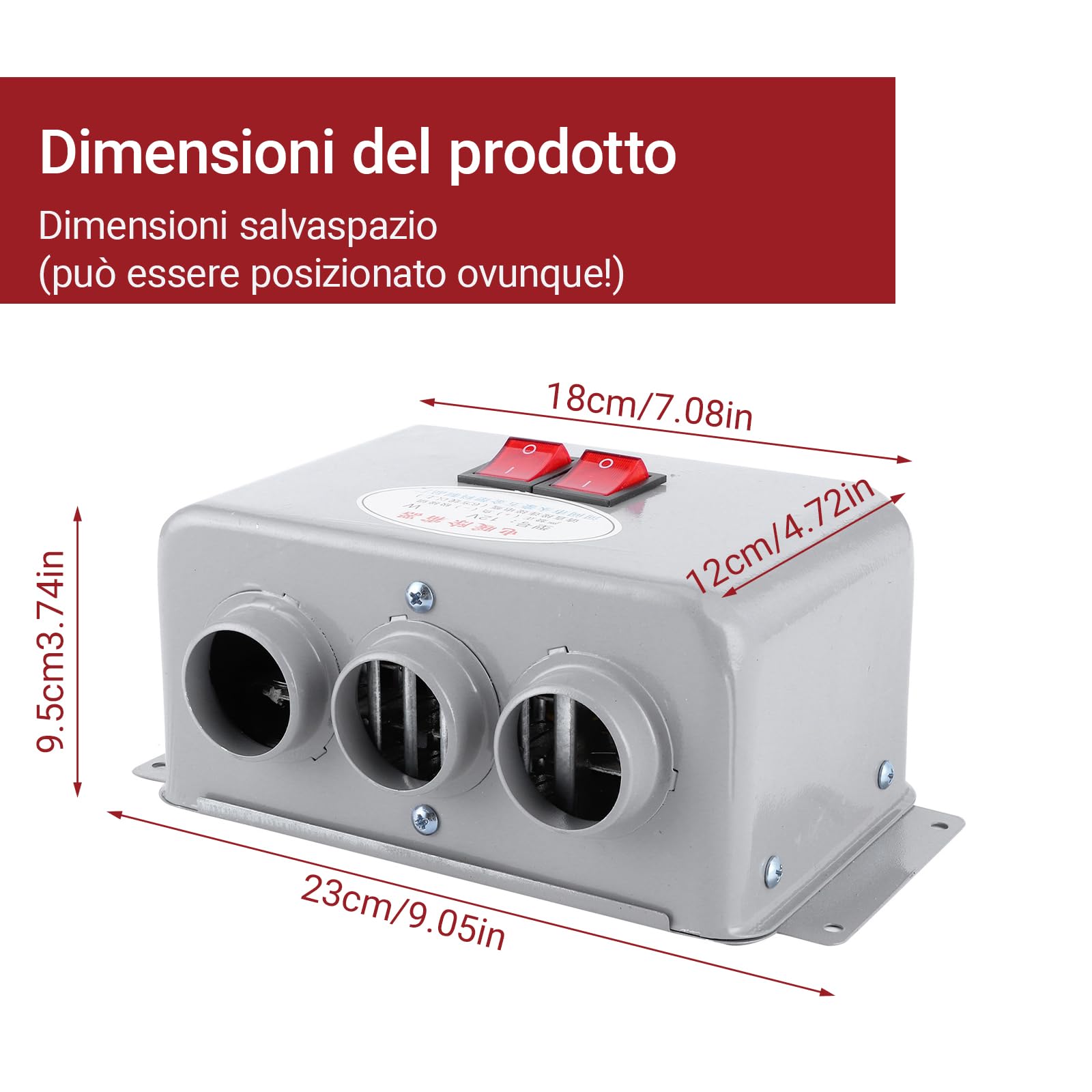 Riscaldatore per auto, riscaldatore per auto compatto da 600 W‑800 W 12 V, riscaldatore per riscaldamento rapido invernale a 3 fori antiappannamento per rimuovere il gelo