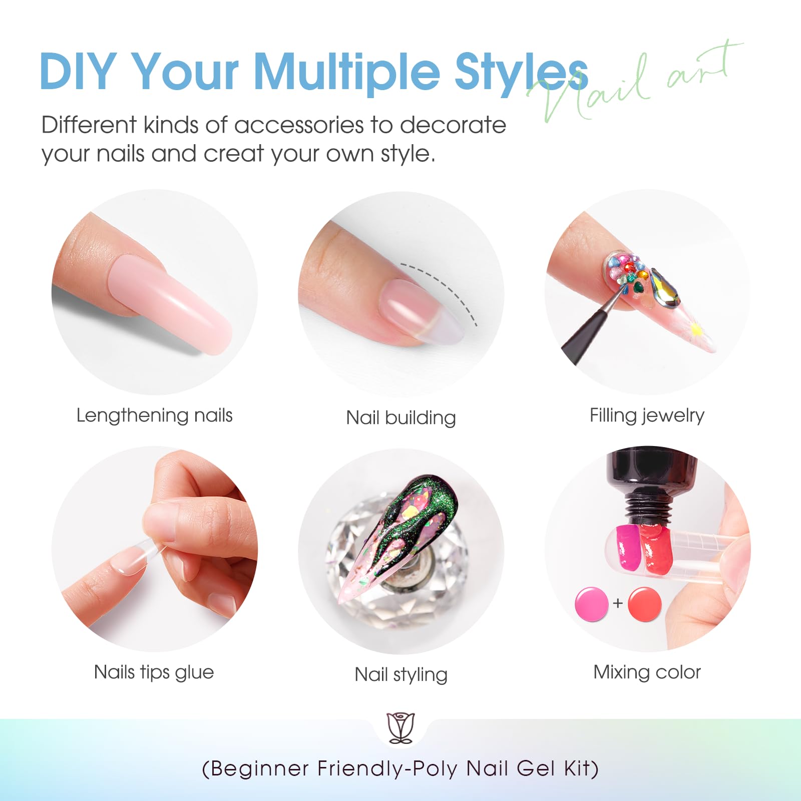 ROSALIND Gel Construction Ongle UV Starter Set, 12pcs 10ml Poly Extension d'ongles en Gel Avec Mini UV Lampe, Base&Top Coat, DIY Nail Art Acrygel Complet Kit pour Femme