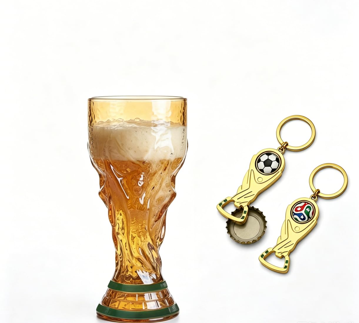 Chope à bière de football 500 ml avec 2 décapsuleurs porte-clés – Verre à bière design coupe à bière aspect métal avec poignée – Article de fan pour les fêtes publiques – Cadeau pour les fans de