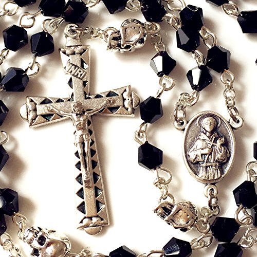 elegantmedical silver skull Beads black Crystal 5 Decade rosary cross crucifix Catholic Necklace4