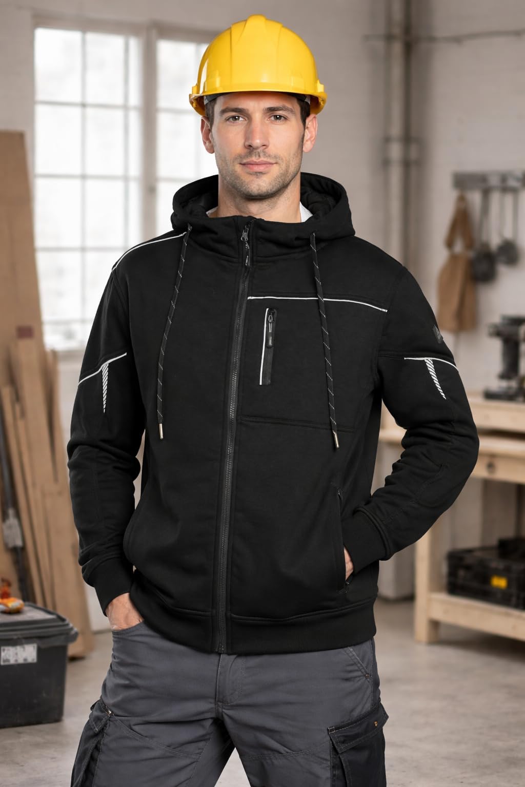 BWOLF DAYTONA Chaqueta de trabajo para hombre con capucha con cremallera - Sudadera con capucha y detalles reflectantes, bolsillo en el pecho y codo reforzado