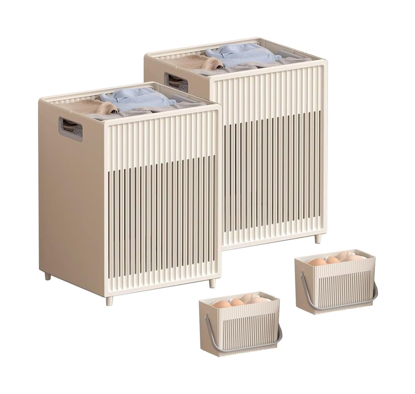 Folding dirty laundry basket, Collapsible Laundry Baskets, PP, Foldable, Hook, Beige/White, 2 Pack(Beige)