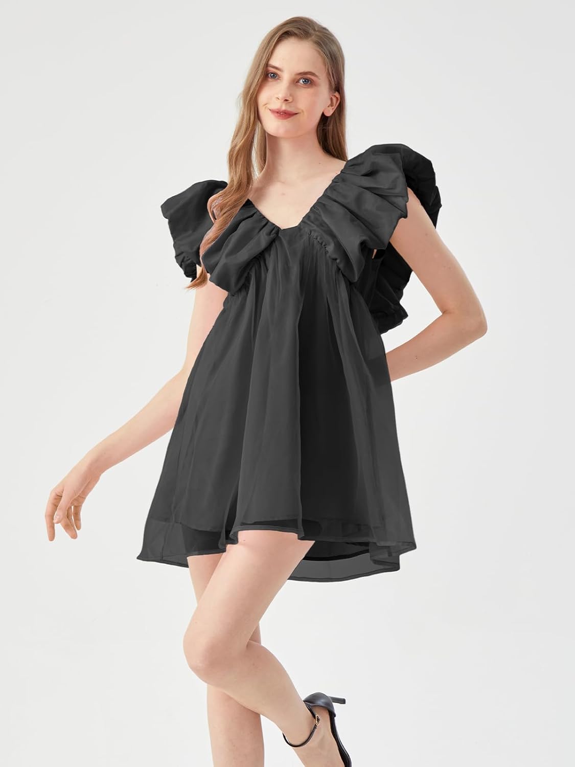 Women's Mini Dress V-Neck Short Sleeve Flared Tulle Party Dress (Black, Purple, Pink, S-L) - Image 3