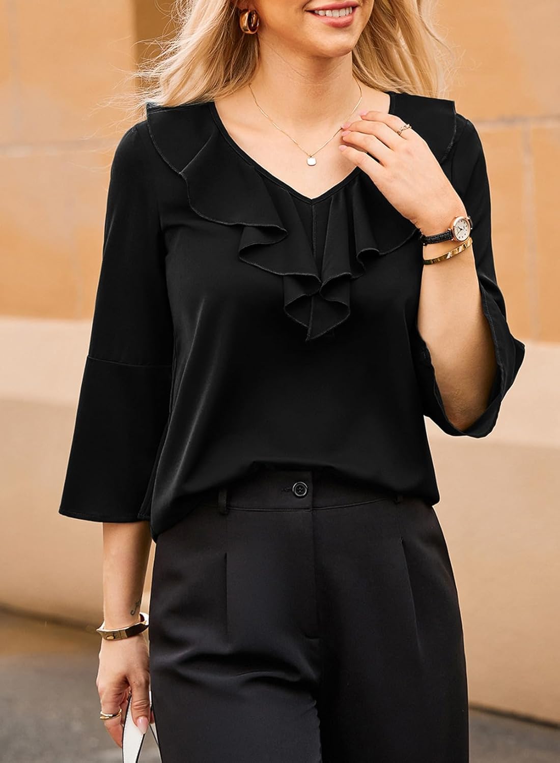 Dokotoo Womens Dressy Casual Blouses 3/4 Sleeve Spring Tops 2026 Ruffle V Neck Business Shirts - Image 4