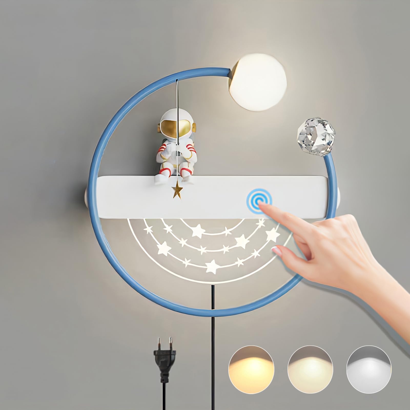 Aplique Pared LED Regulable con Interruptor Táctil Lámpara de Pared Interior para Habitación Infantil 12W Luces de cabecera Con Enchufe y Cable Luz de Pared para Dormitorio Salón Regalo Niños (Azul)