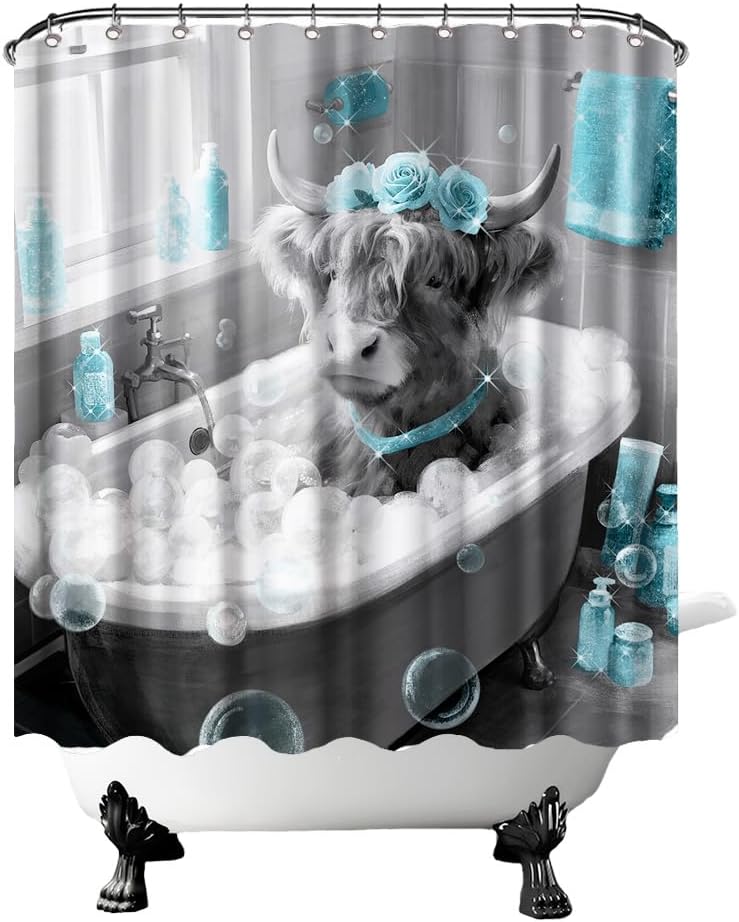Highland Cow Shower Curtain Cow Bathroom Decor Funny Animal Bathroom Curtain with 12 Hooks 72x72 Inchs (Teal)