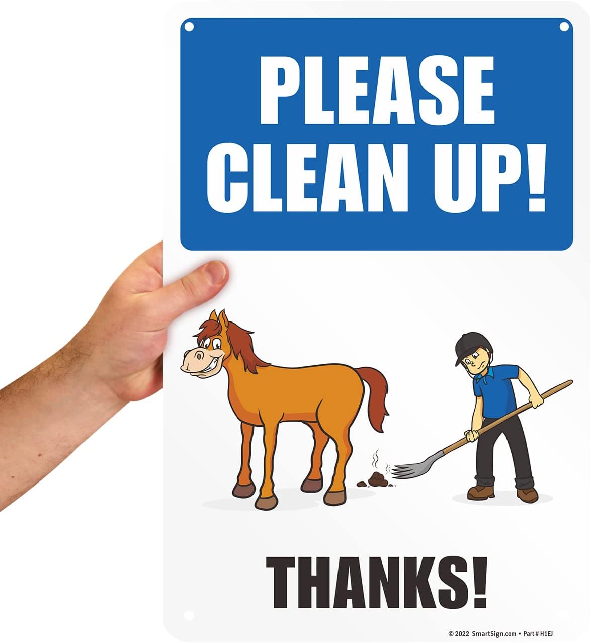 SmartSign 18 x 12 inch “Please Clean Up - Thanks” Horse Poop Metal Sign with Horse Graphic, 63 mil Laminated Rustproof Aluminum, Multicolor, Made in USA