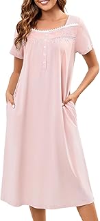 Bloggerlove 100% Cotton Nightgowns for Women Embroidery Pleated Button House Dress Long Moomoo Nightgown with Pockets