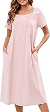 Bloggerlove 100% Cotton Nightgowns for Women Embroidery Pleated Button House Dress Long Moomoo Nightgown with Pockets