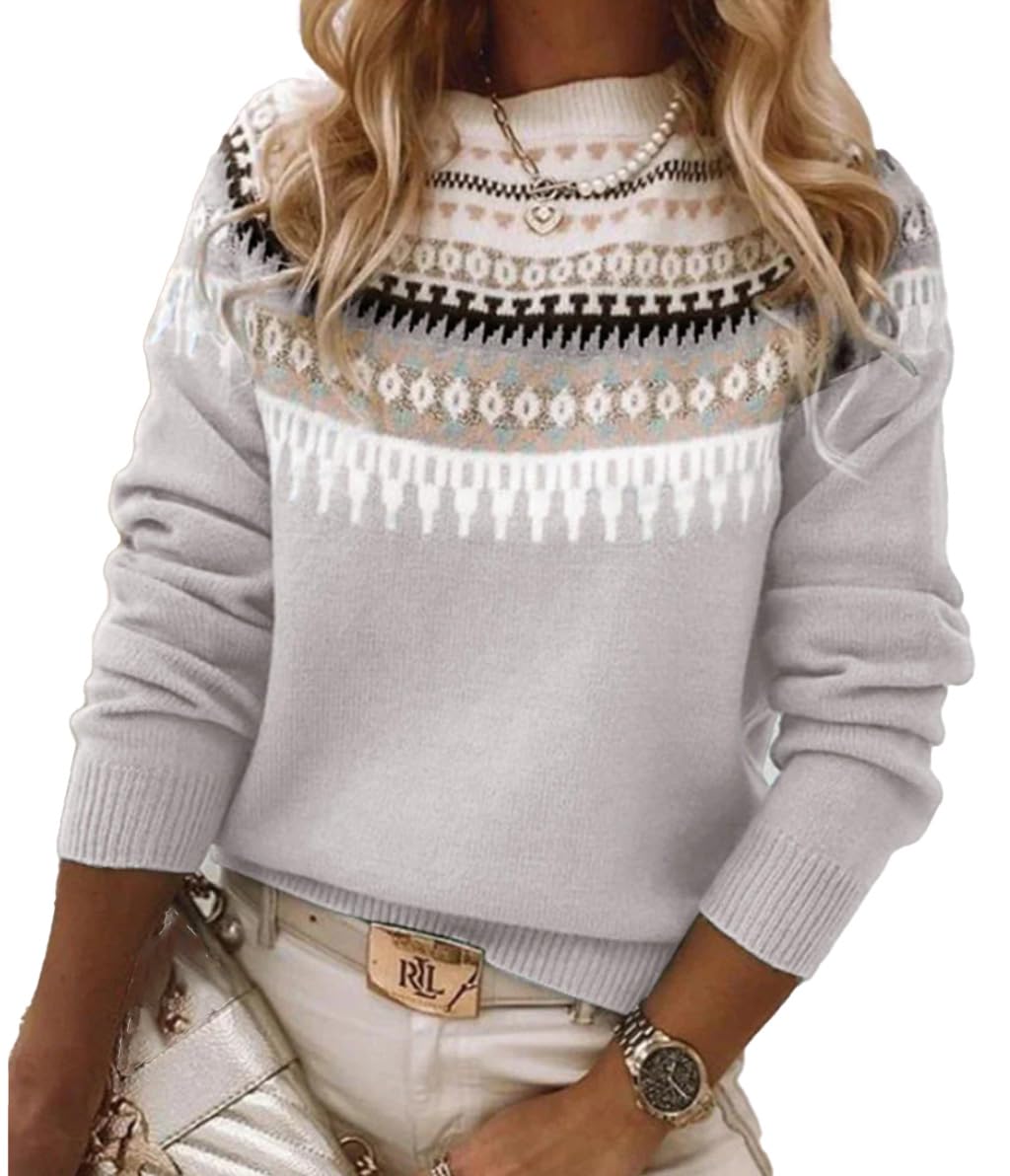 Fair Isle Pattern Sweater Womens Crew Neck Knit Long Sleeve Pullover Winter Autumn Sweater Top