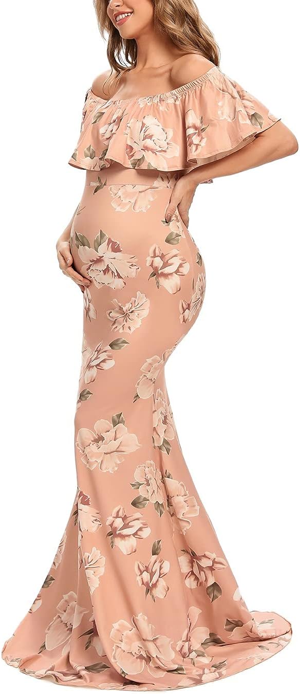 Glampunch Womens Off Shoulder Maternity Dress Ruffles Elegant Slim Gowns Fit Maxi Photography Dress