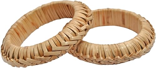 Pure Hands Juego de pulseras tejidas a mano con forma de cuña ecológica, 2 pulseras de ratán trenzadas para mujer, accesorio de moda sostenible,