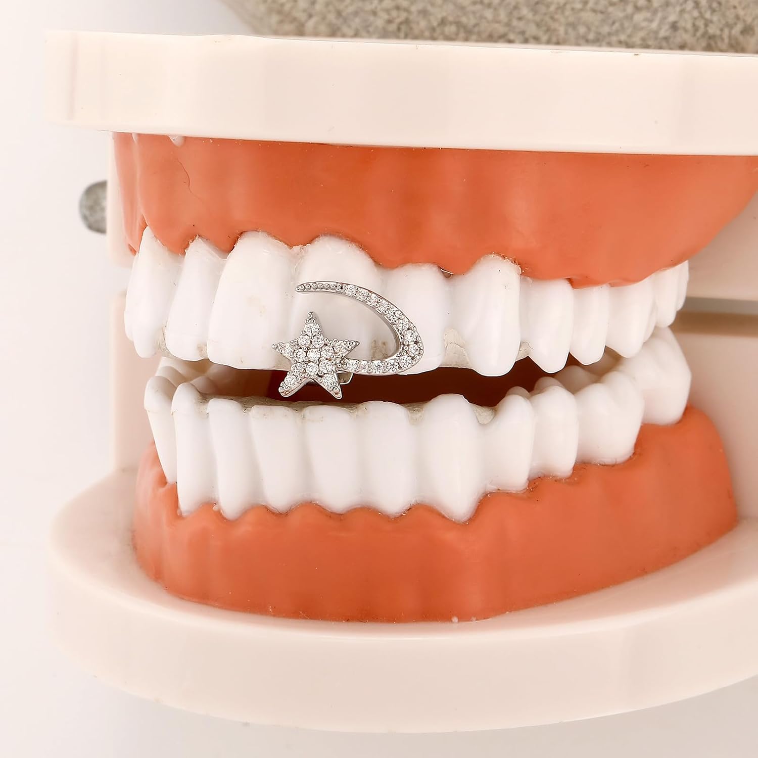 2PCS 14K Gold Plated Grillz Hip Hop Teeth Grillz Single Tooth Cap Vampire Fangs Fake Grill Star Full Diamond Grills for Your Teeth Grills for Men Women Rapper Costume Accessory