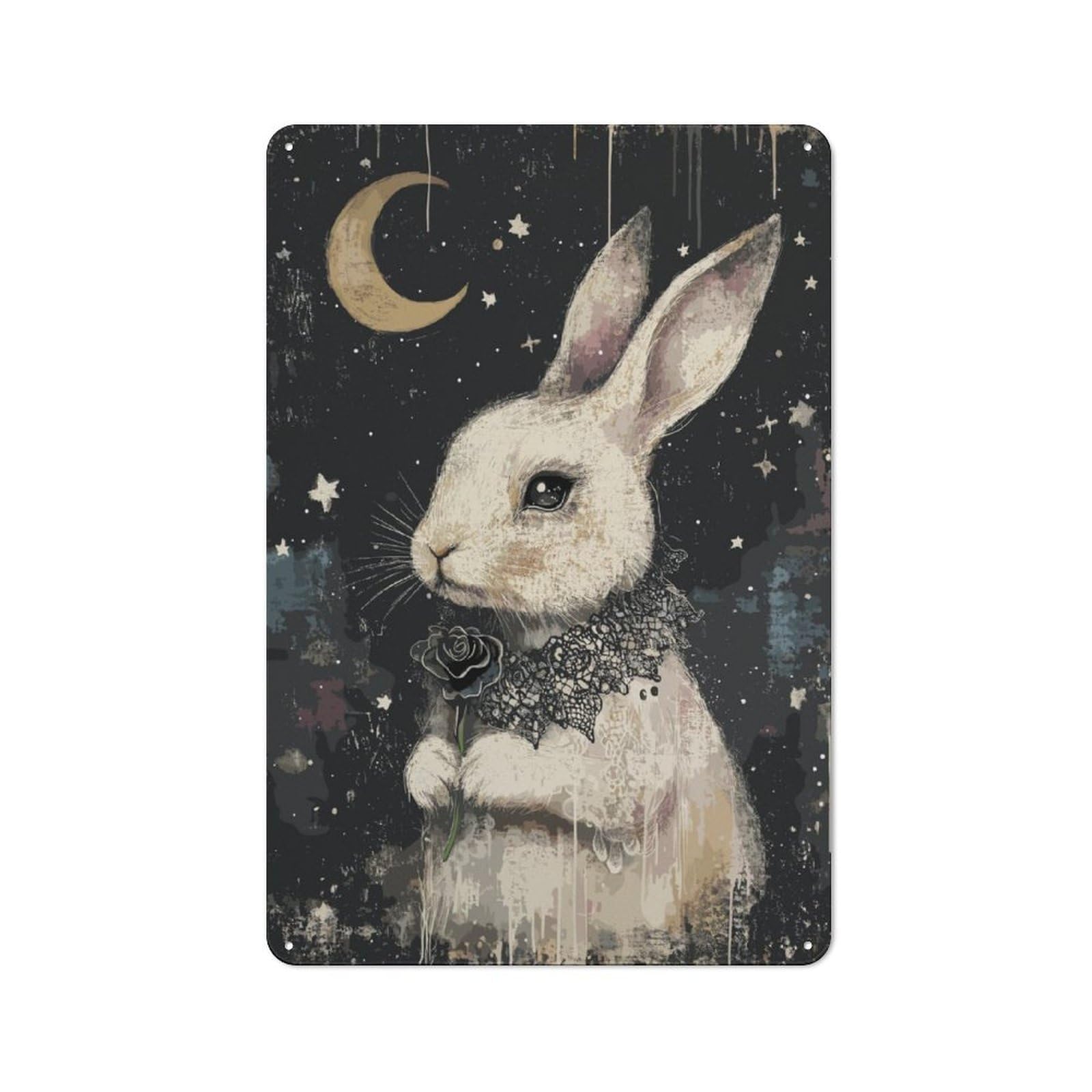 Junmoney Gothic White Rabbit With Black Rose For Hobby Room Or Studio, Retro Metal Sign 30X20cm, A Decorative Gift For A Newly Furnished Hobby Room And Studio