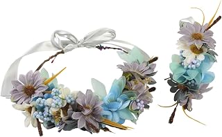 Corona de flores para mujer, diadema de flores bohemia con diseño floral ajustable, corona de pelo, boda, fiesta, floral, color azul
