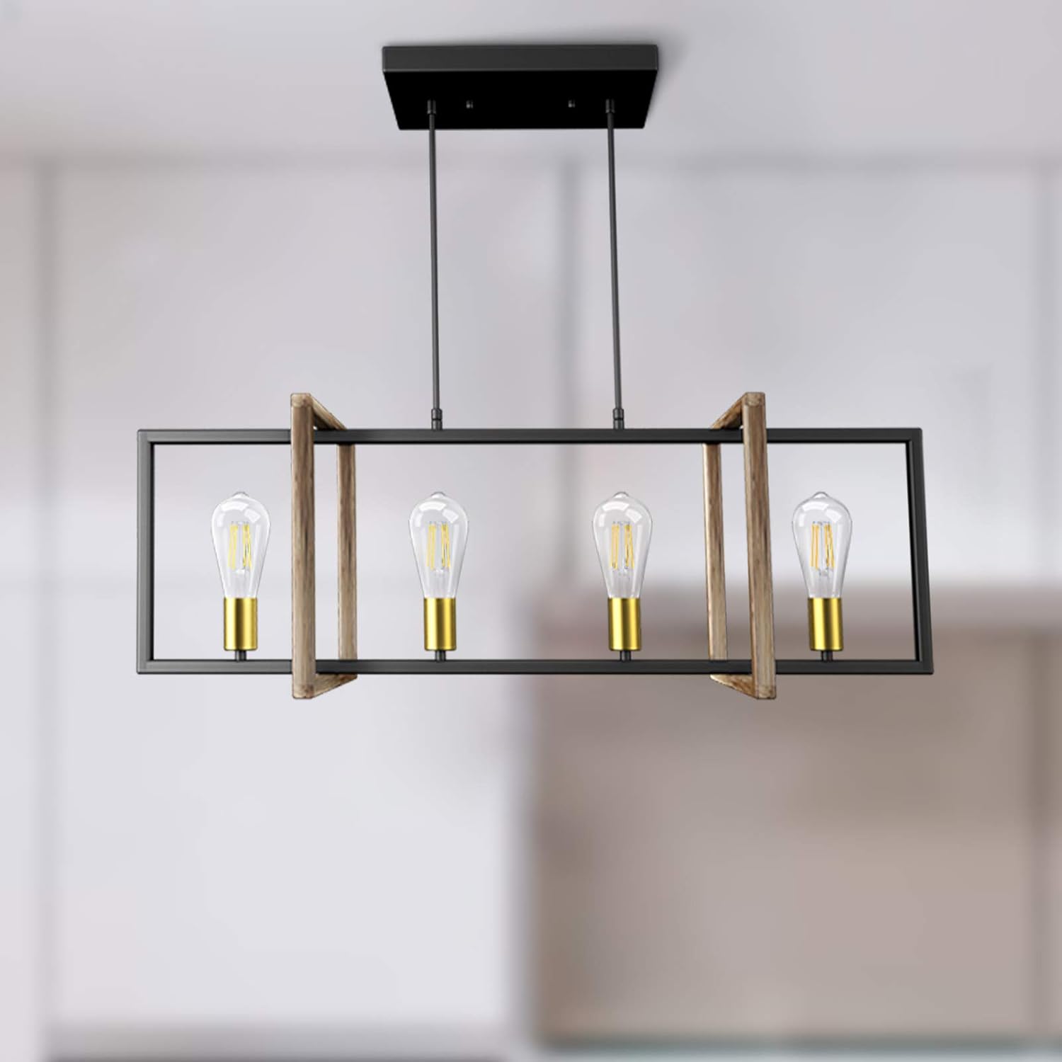 Top Rated Kitchen Island Light Fixture Bpmart Modern Pendant Lighting 4-Light Linear Chandelier Industrial Hanging Ceiling Light for Dining Room, Black/Wood , E26 Blub Base